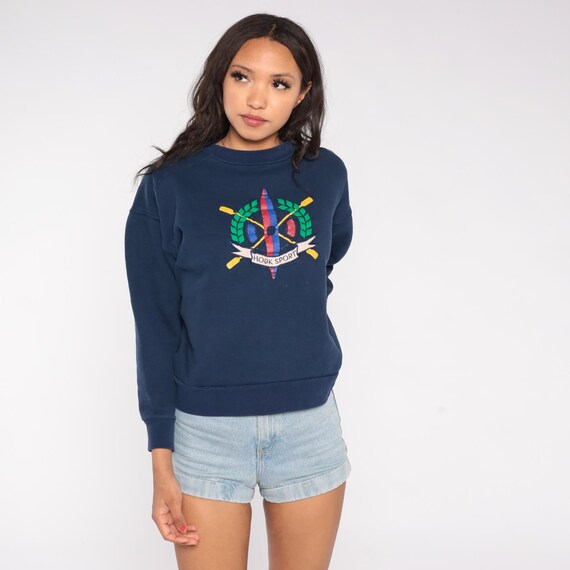 Rowing Crest Sweatshirt 90s Navy Blue Hook Sport Nautical Graphic Oars Laurel Wreath Crew Preppy Distressed Pullover Sportswear Large L