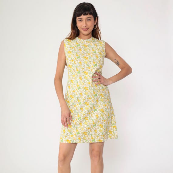 60s Floral Butterfly Dress Mod Mini Yellow White Hippie Dress Vintage 1960s Boho Sleeveless Sheath Minidress Summer Shift Bohemian Small S