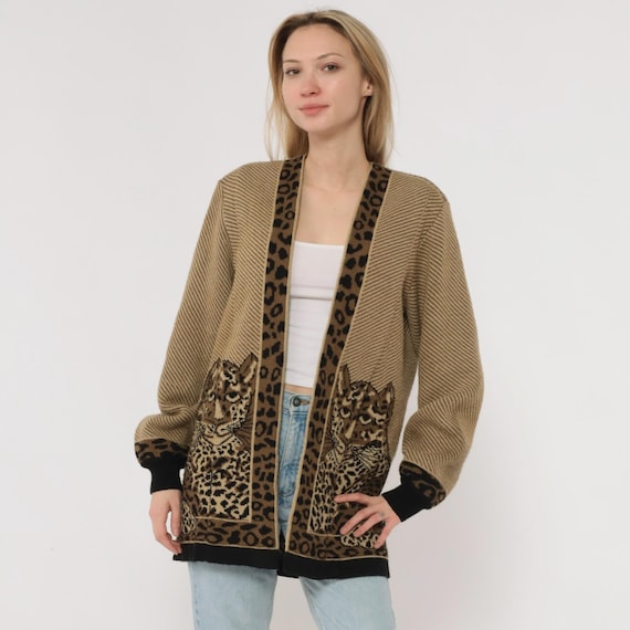 80s Leopard Cardigan Tan Brown Striped Open Front Animal Wildlife Print Sweater Jacket Ribbed Knit Wool Blend Pockets Grunge Style Small S