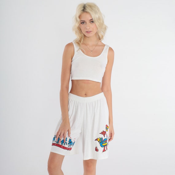 90s Animal Shorts White Baggy Shorts Glitter Floral Bird Dog Print High Waisted Wide Leg Relaxed Retro Baggy Boho Vintage 1990s Medium M