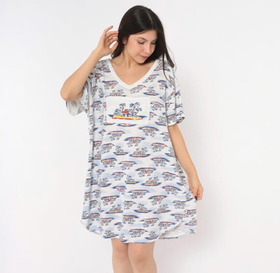 90s Tropical T Shirt Dress White Blue Palm Tree Island Print V Neck Chest Pocket Boxy Hawaiian Beach Cover Up Summer Sundress One Size