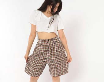 Veelkleurige pied-de-poule shorts uit de jaren 90, hoge taille, geplooid, linnen, bermuda, geruit, geweven, roze, zwart, crème, tweed, academisch, preppy, wandelen, vintage, klein