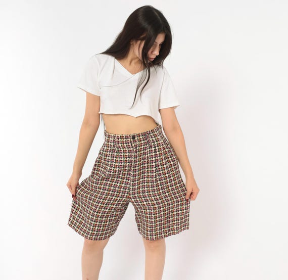 Multicolor Houndstooth Shorts 90s High Waist Pleated Linen Bermuda Plaid Woven Pink Black Cream Tweed Academic Preppy Walking Vintage Small