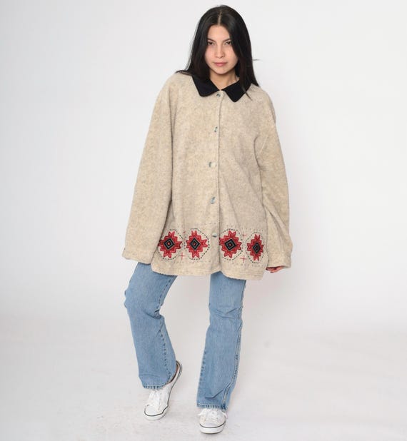Vintage Southwestern Fleece Jacket 00s Beige Teddy Fleece Sweater Aztec Jacket Button Up Bohemian Y2K Southwest Boho 2x xxl
