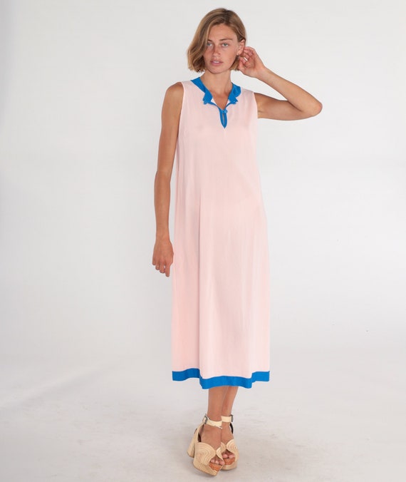Pink Midi Dress 70s Day Dress Blue Trim Sleeveless Button up Column Dress Retro Simple Plain Casual Summer Sun Lounge Vintage 1970s Large L