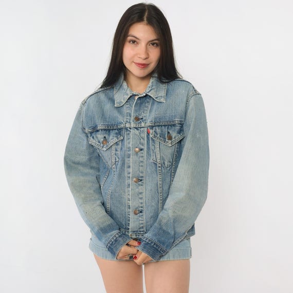 Distressed Denim Jacket Vintage Levis 80s Jean Jacket Oversized Grunge Boyfriend Streetwear Blue Baggy Ripped Worn Faded Thrashed Medium M