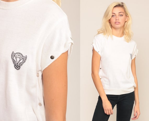 DJ Smash Shirt White Shirt Cap Sleeve Blouse 80s Top Cap Sleeve Slouchy Top Nautical Shirt BUTTON SIDE 1980s Retro Vintage Medium