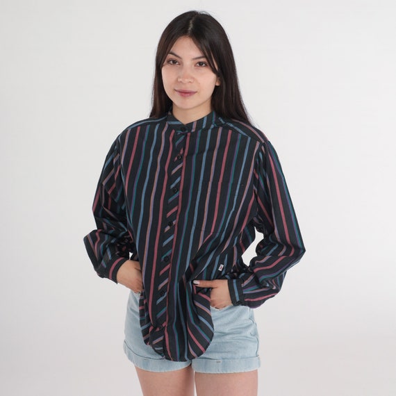 Black Striped Blouse 90s Button Up Top Chest Pocket Shirt Retro Long Sleeve Preppy Mandarin Collar Shirt Pink Blue Vintage 1990s Medium
