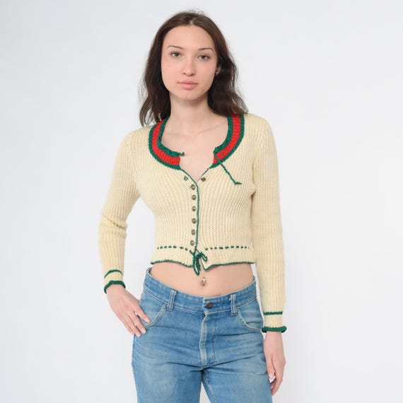 Vintage Cream Knit Cardigan 70s Cropped Sweater Red Green Trim Alpine Folk Button Up Fitted 1970s Boho Bavarian Style Extra Small xs
