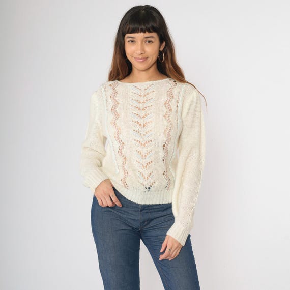 80s Sheer Beaded Sweater Vintage Off White Pointelle Knit Pullover Sweater Puff Sleeve Jumper Pearl Bead Openwork Retro 1980s Small S