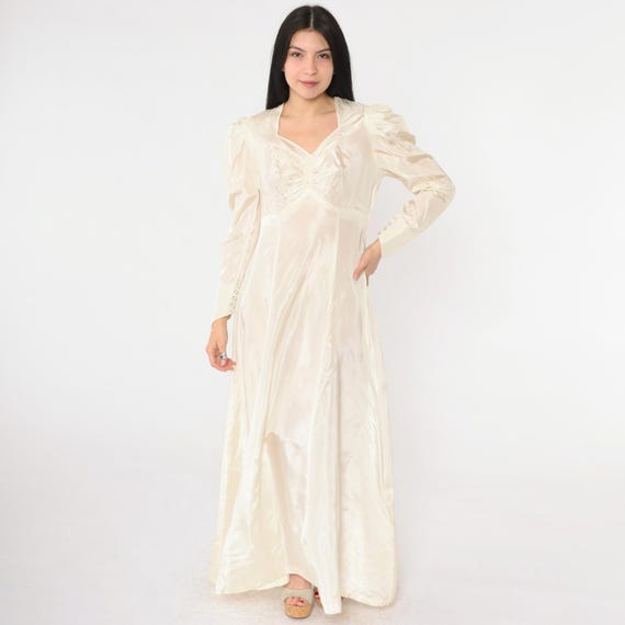 Vintage 40s Cream Satin Wedding Dress Ivory Puff Sleeve Ruched Bust Long Gown 1940s Bridal Button Back Side Zip Full Length Maxi Medium 8