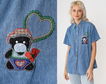 Denim Teddy Bear Shirt 90s Embroidered Heart Jean Blouse 1990s Button Down up Blue Kawaii Shirt Vintage Short Sleeve Retro Medium