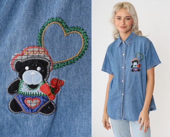 Denim Teddy Bear Shirt 90s Embroidered Heart Jean Blouse 1990s Button Down up Blue Kawaii Shirt Vintage Short Sleeve Retro Medium