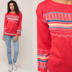 Boho Sweater Striped Sweater 70s Knit Jumper 1970s Red Pullover Bohemian Sweater Zig Zag Geometric Vintage Retro Small