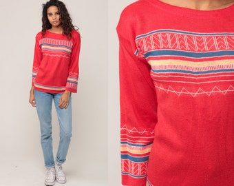 Bohemisk tröja Randig tröja 70-tals stickad tröja 1970-tals röd pullover Bohemisk tröja Zickzack Geometrisk Vintage Retro Liten