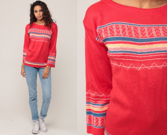 Boho Sweater Striped Sweater 70s Knit Jumper 1970s Red Pullover Bohemian Sweater Zig Zag Geometric Vintage Retro Small