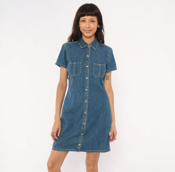 Y2K Denim Shirt Dress Tommy Hilfiger Snap Front Blue Jean Collar Cotton Straight Fit Two Pocket Western Summer Vintage Chambray Small S