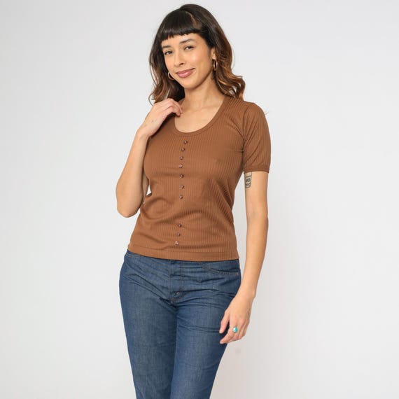 Vintage 70s Mod Shirt Brown Ribbed Top 1970s Plain Scoop Neck Blouse Short Sleeve Shirt Basic Top Seventies Extra Small xs