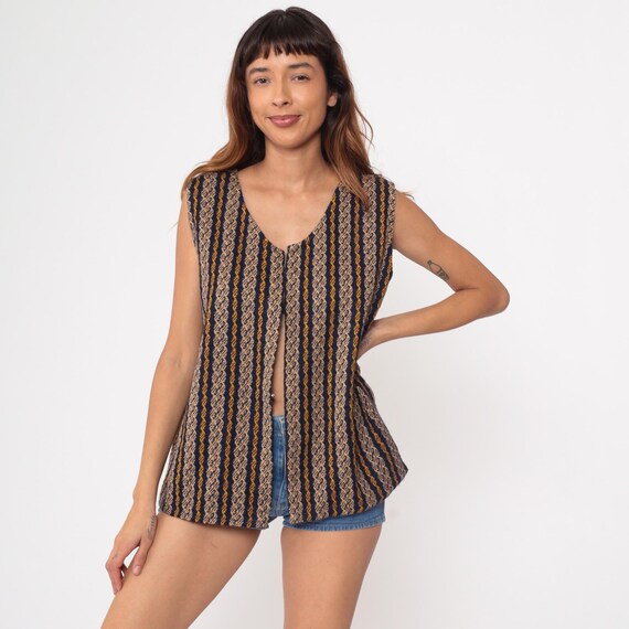 70s Woven Vest Vintage Stripe Pattern Navy Blue Mustard Tan Open Front Sleeveless Boho Hippie Festival Folk Geometric Knit Small S Medium M