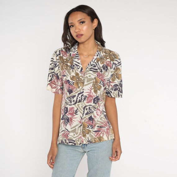 Tropical Floral Blouse 80s Button Up Shirt Off-Wh… - image 4