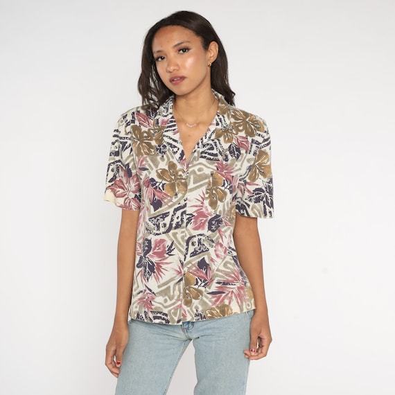 Tropical Floral Blouse 80s Button Up Shirt Off-White Purple Short Sleeve Top Aloha Tourist 1980s Vintage Bohemian Hawaiian Medium Large