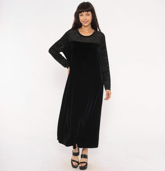 90s Black Velvet Maxi Dress Black Lace Sleeve Long Gown Sheer Floral Gothic Formal Evening Column  Jacqueline Ferrar Extra Extra Large XXL