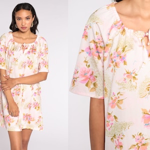 Floral Mini Dress 70s Boho KEYHOLE Shift 1970s Short Sleeve Baby Pink Vintage Bohemian Garden Party Minidress Medium Large