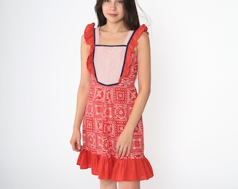 70s Prairie Dress Bandana Print Mini Hippie Sundress Dress Boho Ruffle Bib Summer 1970s Vintage Bohemian High Waist Tie Back Red 2xs xxs
