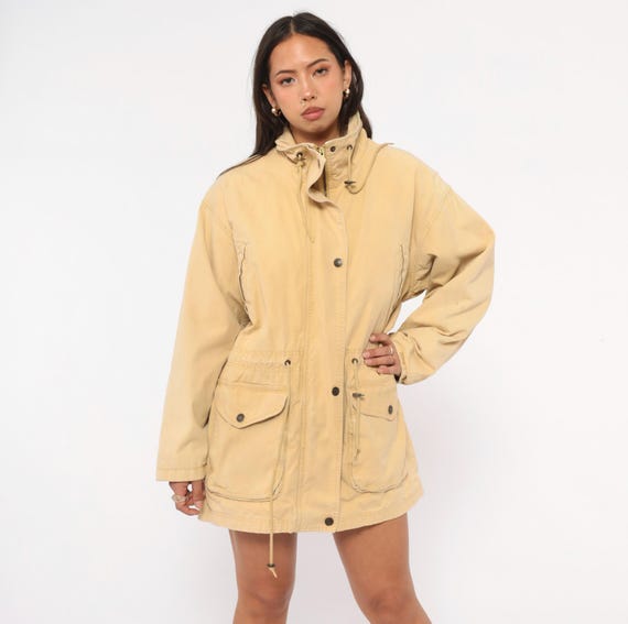 90s Parka Tan Safari Jacket High Collar Drawstring Waist Cargo Pocket Utility Coat Cream Sand Khaki Hiking Trail Field Small Petite SP