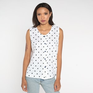 Débardeur vintage à pois des années 80 des années 90 chemise blanche à point unique chemise débardeur chemise rétro coeur boutonné haut d&#39;été décontracté des années 1980 moyenne grande