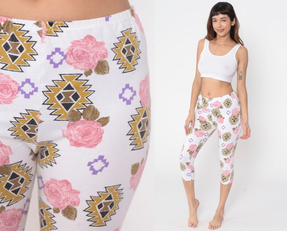 90s Leggings Floral Southwestern Capri Pants Pink Rose Print Tights Cropped  High Waist Retro White Southwest 1990s Vintage Extra Small Xs 
