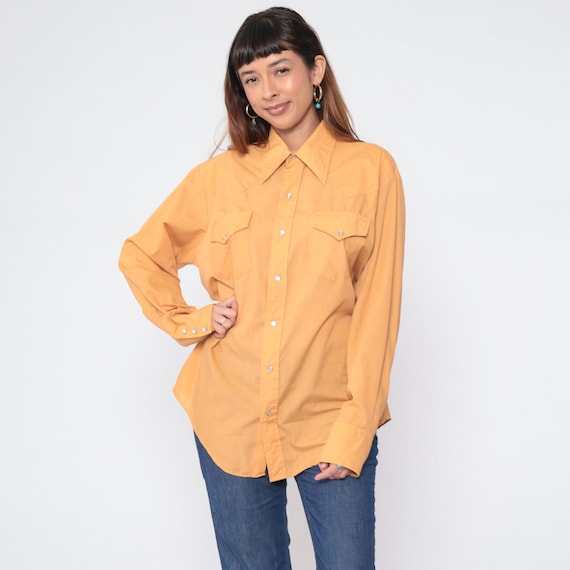 Tan Western Shirt 80s Pearl Snap Shirt Long Sleeve Button Up Rodeo Cowboy Top Plain Retro Westernwear Camel Vintage 1980s ely plains 2xl xxl