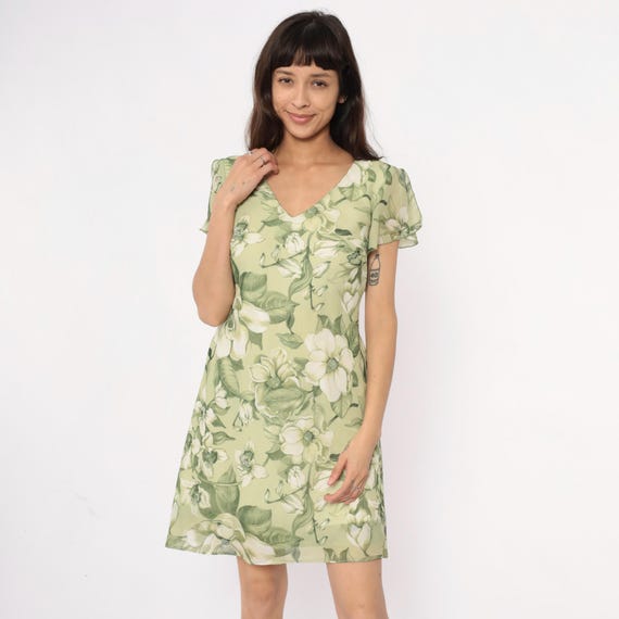 90s Green Floral Dress Sage White Magnolia Print Flutter Sleeve Cottagecore Fairycore Summer Spring Easter Vintage Short Sleeve Medium M