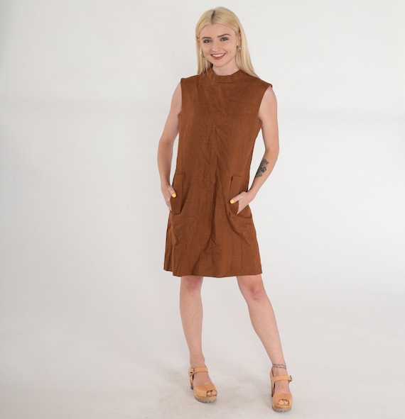 minimalist plain mock neck dress Buy Brown Shift Dress 60s Mod Mini Dress Linen Mock Neck Retro Simple  Twiggy Gogo Sixties Minimalist Plain Sleeveless Chic Vintage 1960s Small S  Online in India