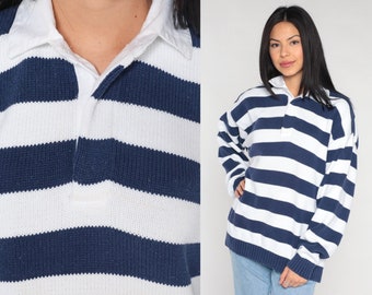 Collared Sweater 90s Striped Knit Polo Sweater Eddie Bauer Pullover Jumper Retro Blue White Casual Cotton Vintage 1990s Mens Medium M