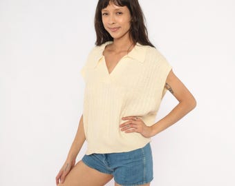 70s Cream Knit Polo Cap Sleeve V Neck Collared Sweater Vest Textured Ivory Pullover Blouse Preppy Off White Vintage Top Extra Large XL