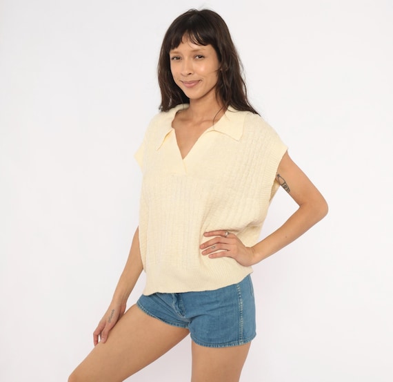 70s Cream Knit Polo Cap Sleeve V Neck Collared Sweater Vest Textured Ivory Pullover Blouse Preppy Off White Vintage Top Extra Large XL