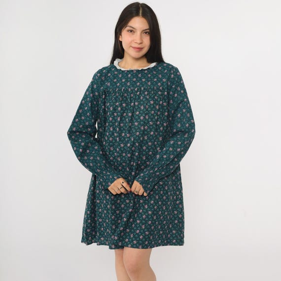 80s Floral Cottagecore Dress Vintage Dark Teal Green Eyelet Lace Trim Dress Prairie Ditsy Print Mini 1980s Long Sleeve Tent Dress Large L