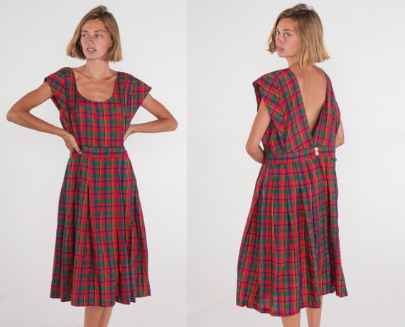 Plaid Pinafore Dress 80s Jumper Dress Red Green Tartan Midi Low Side Checkered Overall Lolita Punk Cotton Retro Vintage 1980s Extra Large xl