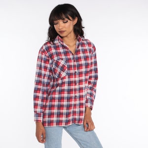 Blue Red Flannel Shirt Blue Plaid Shirt 90s Lumberjack Shirt Grunge Long Sleeve Button Up Vintage Retro Medium