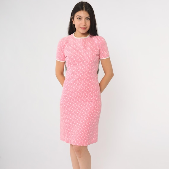 Pink Polka Dot Dress 70s White Dots Mini Shift Fitted White Trim Preppy Tennis Country Club Sporty Catalina Sportswear Large L 11