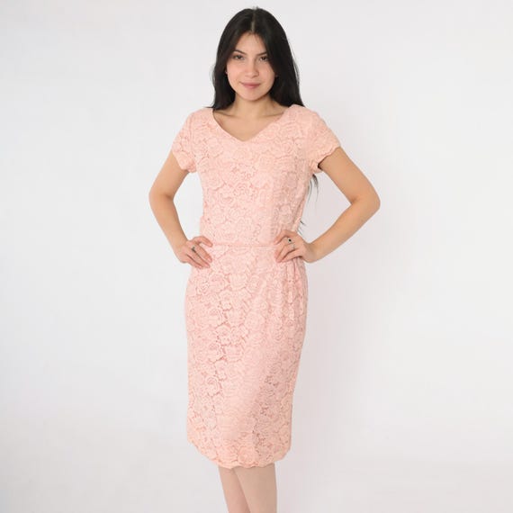Vintage Lace Cocktail Dress 60s Pink Party Midi 1960s V Neck Wiggle Hourglass Formal Evening High Waist Mad Men Mid Century Small 4