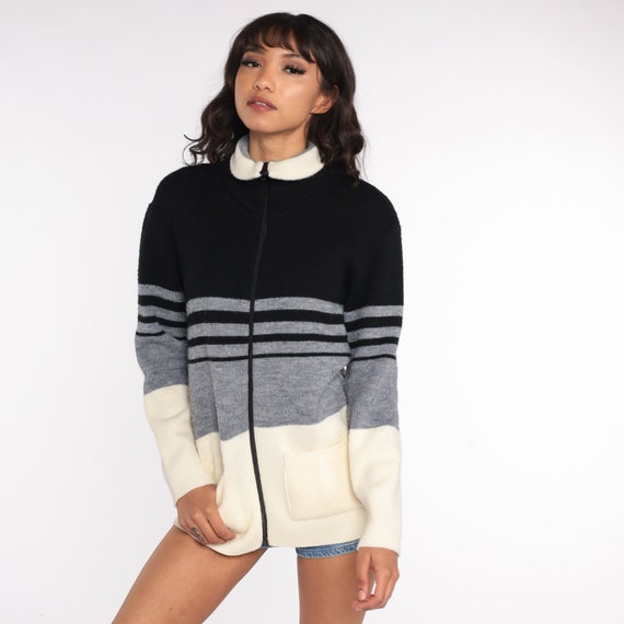 Striped Cardigan Sweater 70s Black Cream Zip Up Sweater Knit Color Block Sweater Bohemian Mock Neck Grandpa Boho 1970s Vintage Medium
