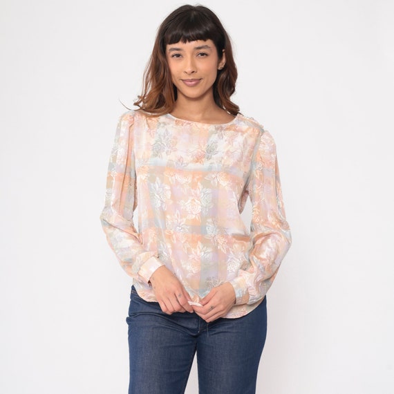 Checkered Floral Blouse 80s Embossed Pastel Puff Sleeve Top Retro Shirt Long Sleeve Shiny Peach Green Flower Print Vintage 1980s Small S