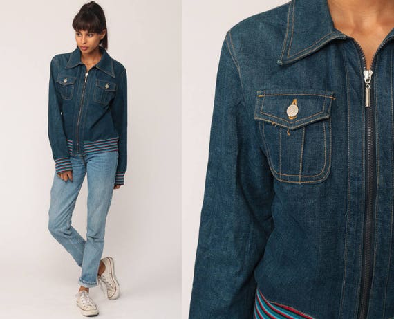 Jean Jacket 90s Denim Jacket Grunge Biker Zip Up Blue Striped 1990s Vintage Hipster Small
