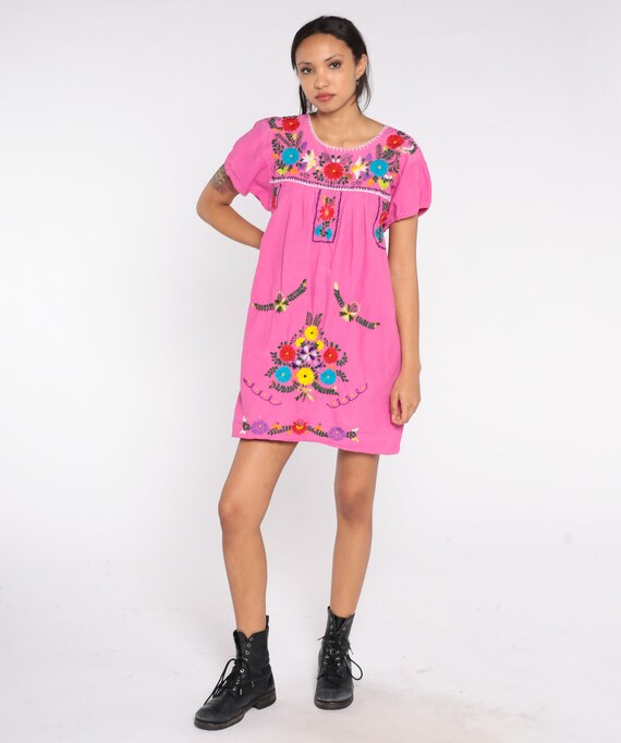 Pink Mexican Dress 90s Rainbow Floral Embroidered… - image 4