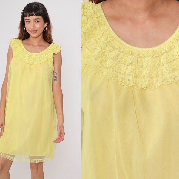 Bright Yellow Nightgown 70s Nightie Lace Lingerie Slip Dress Babydoll Mini 1970s Filmy Chiffon Tent Trapeze Nylon Boho Vintage Medium