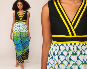 Hippie Maxi Kleid 70er Jahre Psychedelic Print Ärmellos Boho Lang V-Ausschnitt Empire-Taille Op Art 1970s Sommer Blau Vintage Boho Small