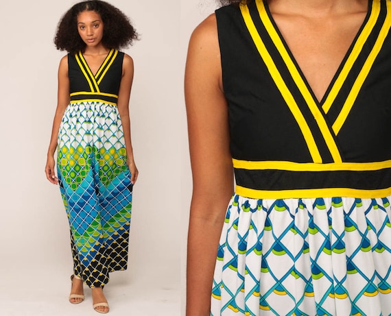 Hippie Maxi Dress 70s Psychedelic Print Sleeveless Boho Long V Neck Empire Waist Op Art 1970s Summer Blue Vintage Bohemian Small