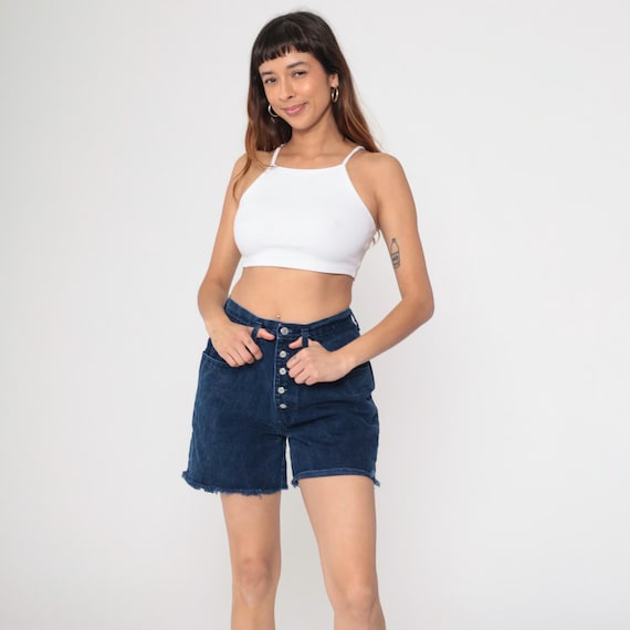 Vintage Jordache Jean Shorts 90s Denim Cutoffs Dark Wash Blue Button Fly Shorts High Waisted Frayed Raw Edge Short Shorts 1990s Small Medium